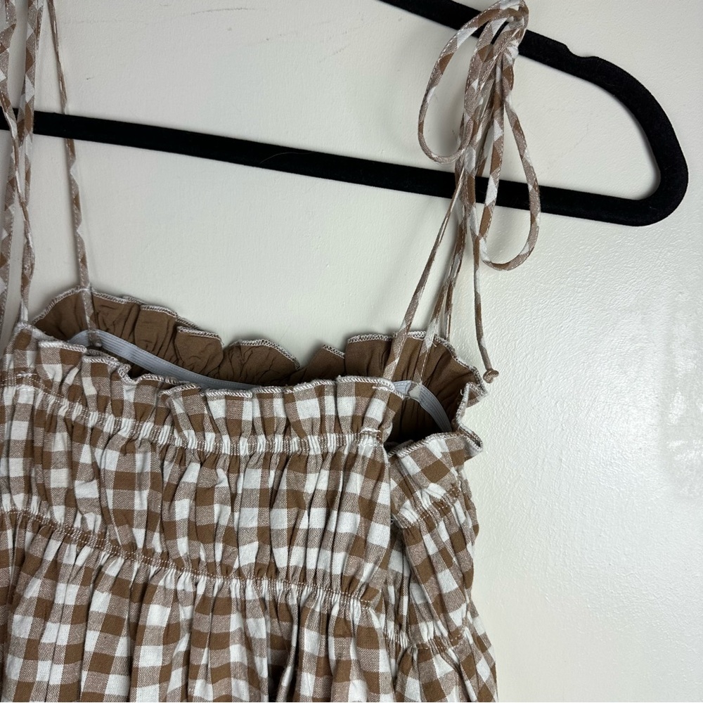 Smocked Gingham Tie-Strap Midi Dress - Beige/Tan - Picture 9 of 16